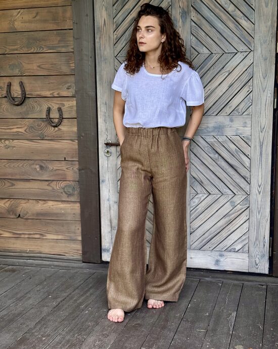 Minkštinto lino kelnės - eglutės rašto ruda